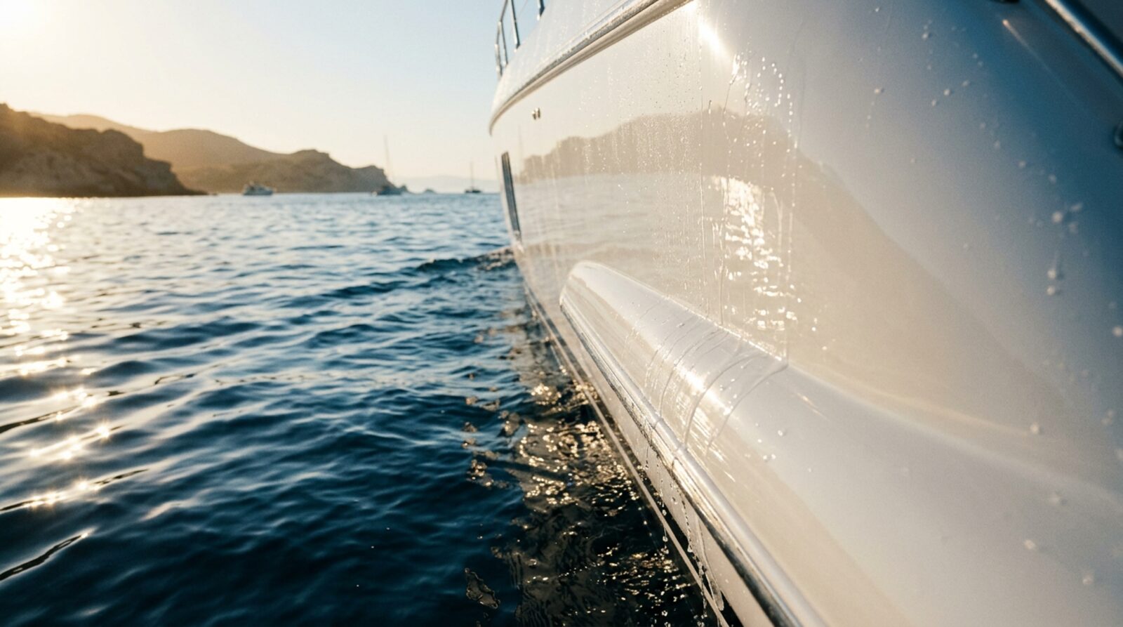 Water beading and sheeting off a gleaming white hull