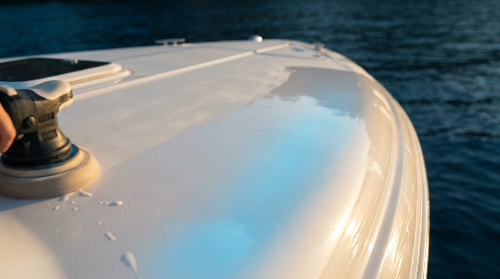 A dual-action polisher bringing a boat deck to a mirror gloss